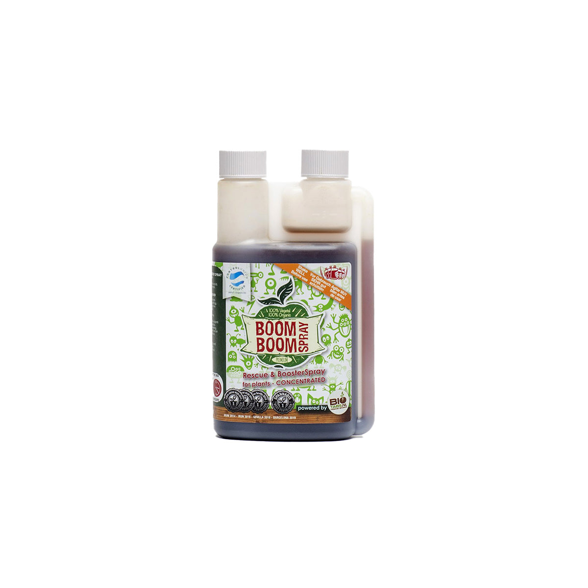 BioTabs Boom Boom Spray 250 Milliliter von der Marke BIO Tabs. Das Produkt ist in einer milchig transparenten Flasche mit zwei Öffnungen auf einem weißen Hintergrund.