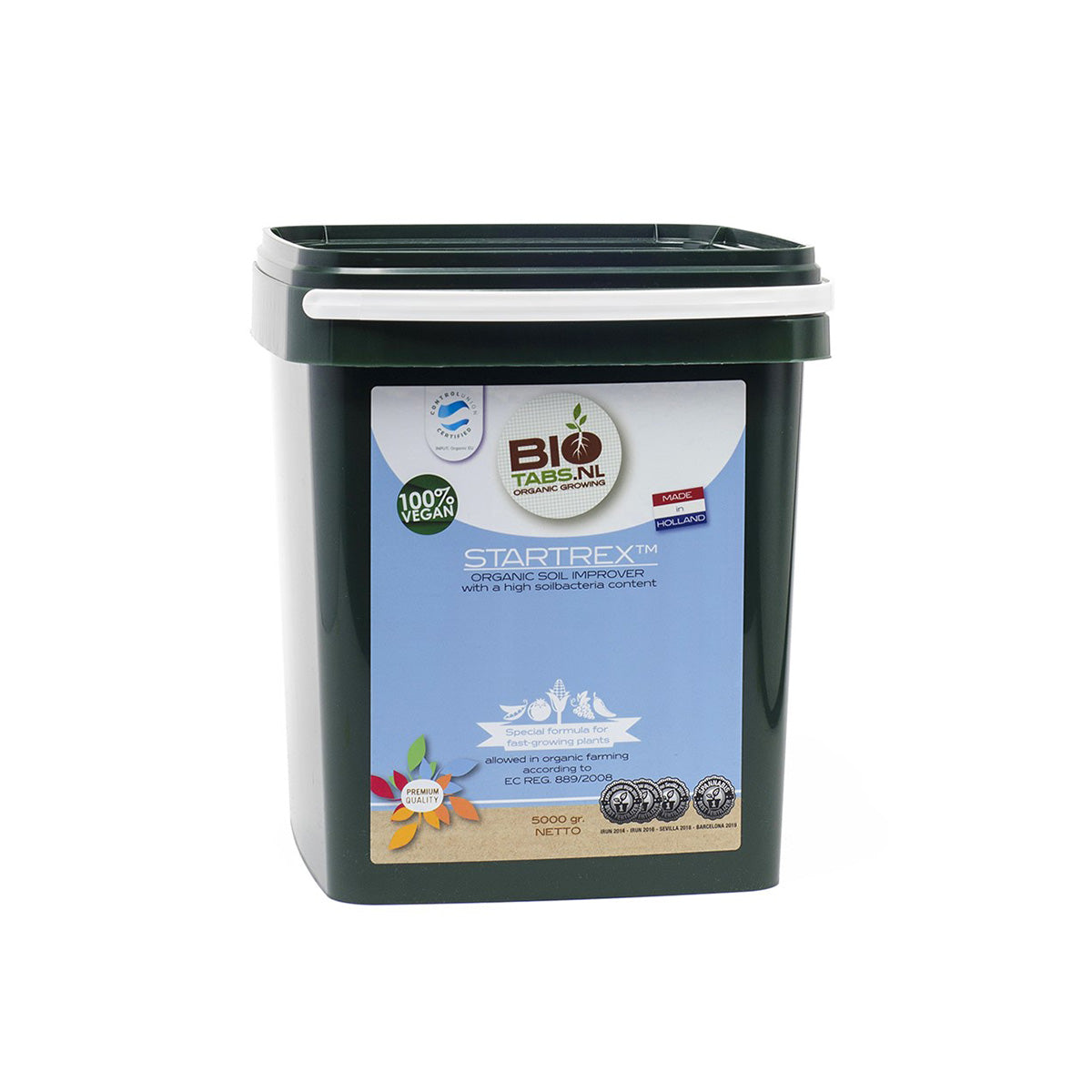 Startrex von der Marke BIO Tabs in einem Kunststoffbehälter mit der Menge fünf Kilogramm vor einem weißen Hintergrund.