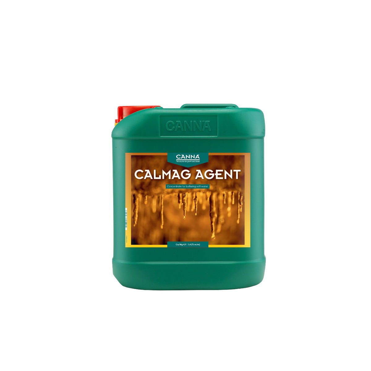Pflanzenhilfsmittel Canna CalMag Agent von der Marke Canna in einem grünen Kunststoffkanister mit Etikett und rotem Schraubdeckel vor einem weißen Hintergrund.