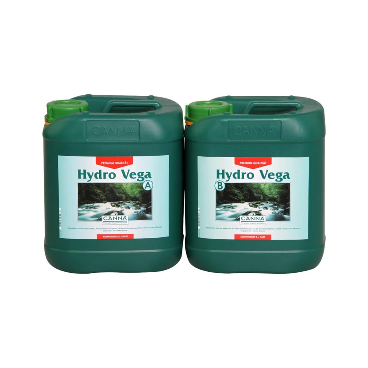 Zwei grüne zehn Liter Kanister Canna Hydro Vega A+B Hydro-Dünger auf einem weißen Hintergrund.