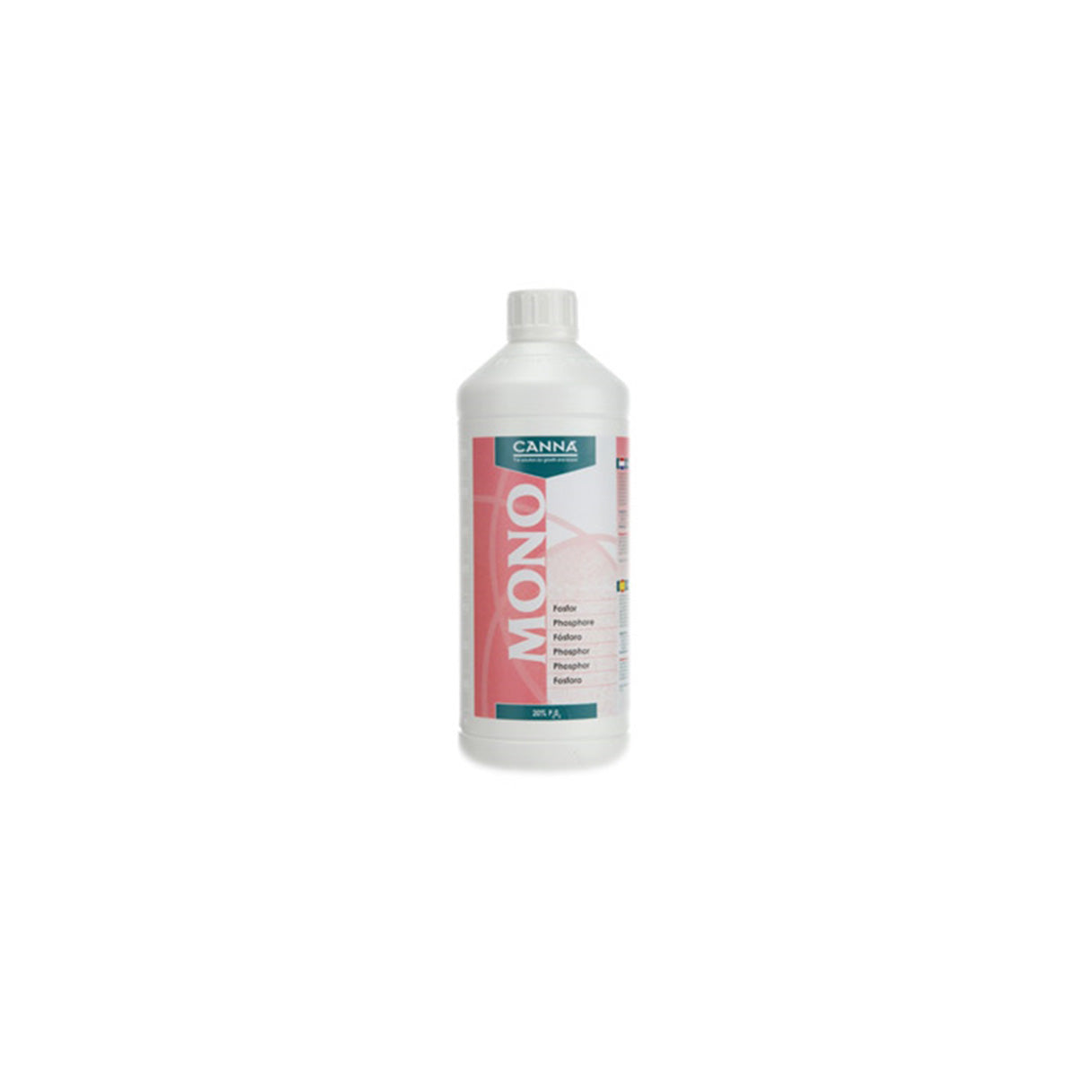 Pflanzenhilfsmittel Canna Mono Phosphor (P 17%) 1 L von der Marke Canna in einer weißen ein Liter Kunststoff mit rosa Etikett und weißem Schraubdeckel vor einem weißen Hintergrund