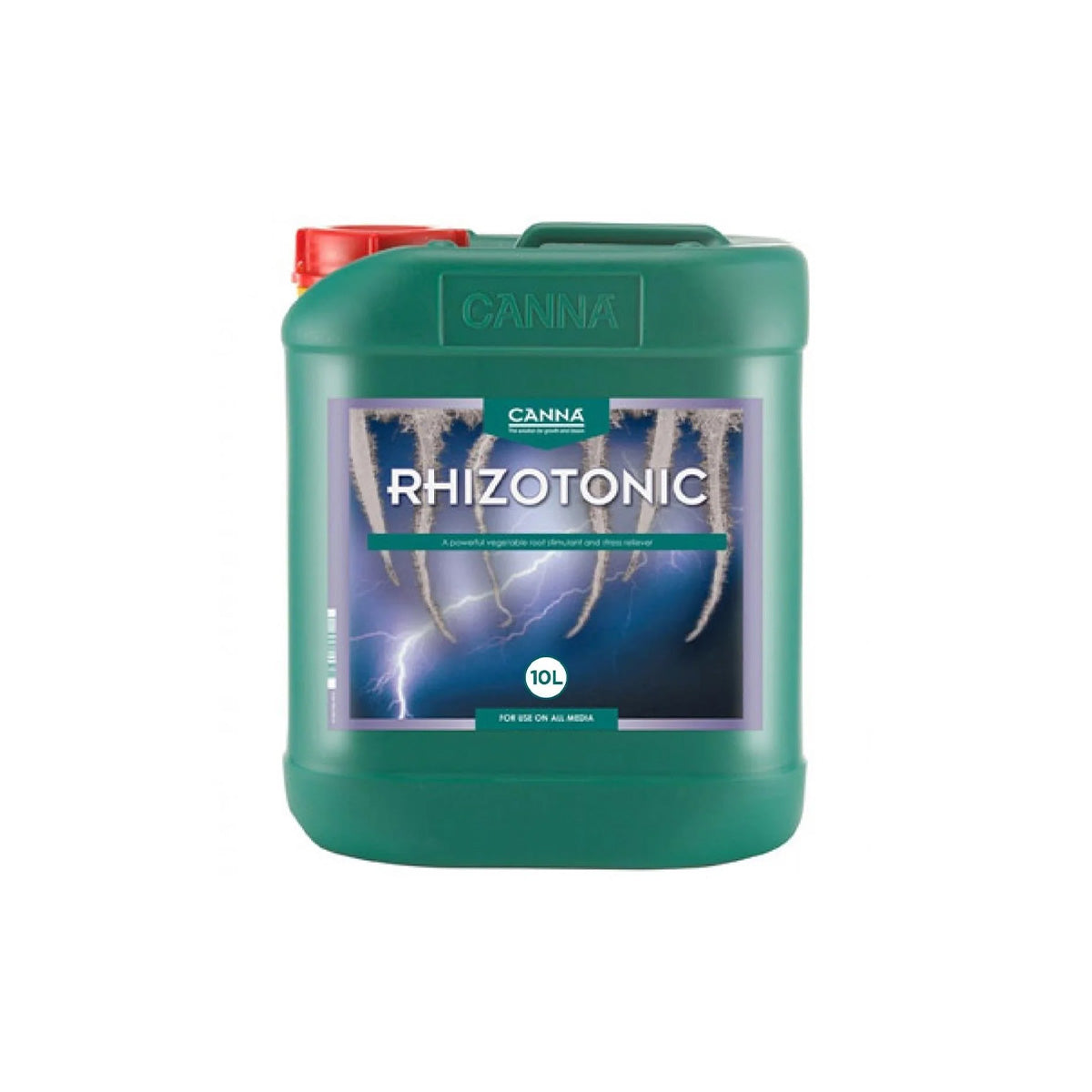 Pflanzenhilfsmittel Canna Rhizotonic von der Marke Canna in einem grünen Kunststoffkanister mit Etikett und rotem Schraubdeckel vor einem weißen Hintergrund.