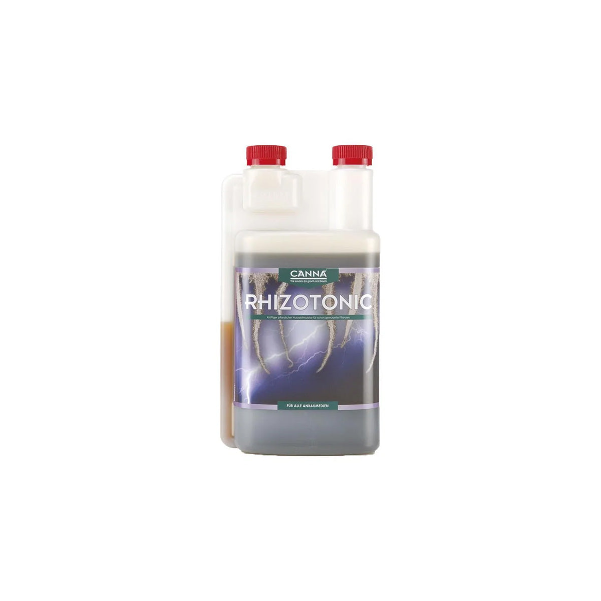 Pflanzenhilfsmittel Canna Rhizotonic von der Marke Canna in einem milchig transparenten Kunststoffbehälter mit Etikett und rotem Schraubdeckel vor einem weißen Hintergrund.