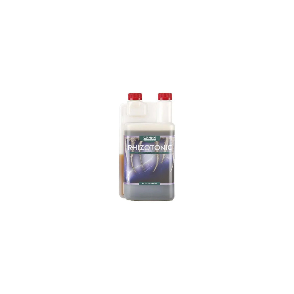 Pflanzenhilfsmittel Canna Rhizotonic von der Marke Canna in einem milchig transparenten Kunststoffbehälter mit Etikett und rotem Schraubdeckel vor einem weißen Hintergrund.