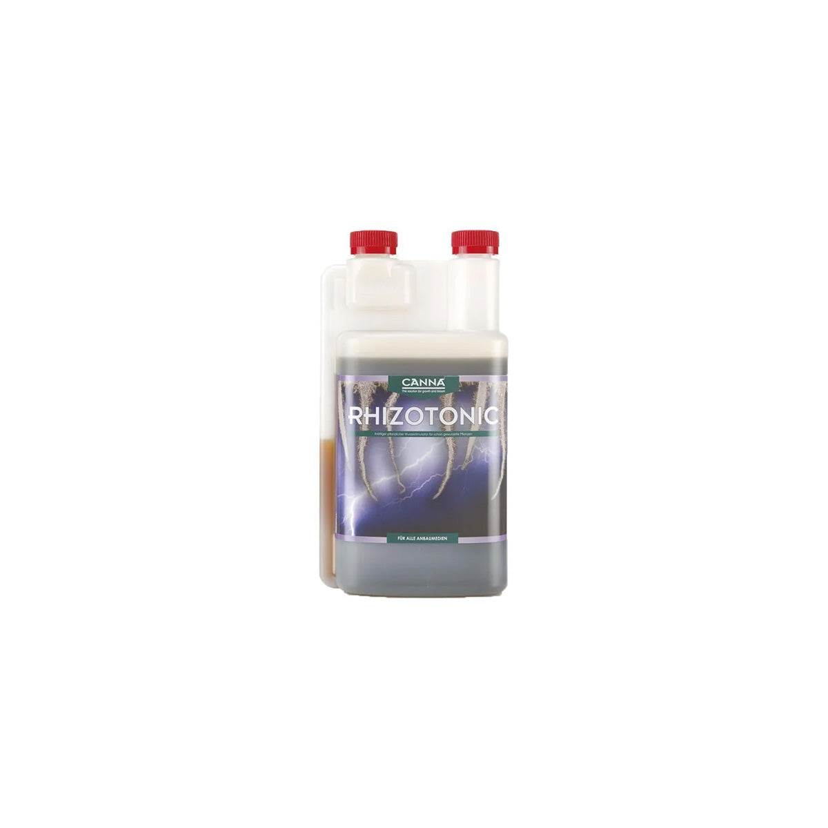 Pflanzenhilfsmittel Canna Rhizotonic von der Marke Canna in einem milchig transparenten Kunststoffbehälter mit Etikett und rotem Schraubdeckel vor einem weißen Hintergrund.
