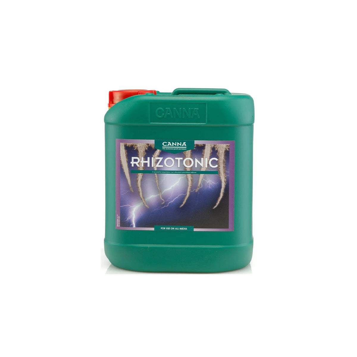 Pflanzenhilfsmittel Canna Rhizotonic von der Marke Canna in einem grünen Kunststoffkanister mit Etikett und rotem Schraubdeckel vor einem weißen Hintergrund.