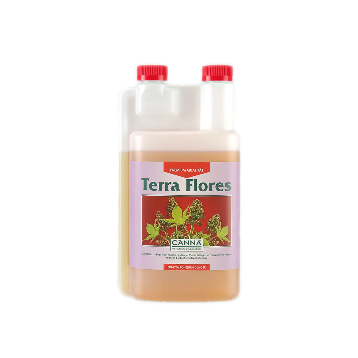 Canna Terra Flores Erde-Dünger von der Marke CANNA. Milchig-transparenter Kunststoffbehälter mit rotem Deckel vor einem weißen Hintergrund.