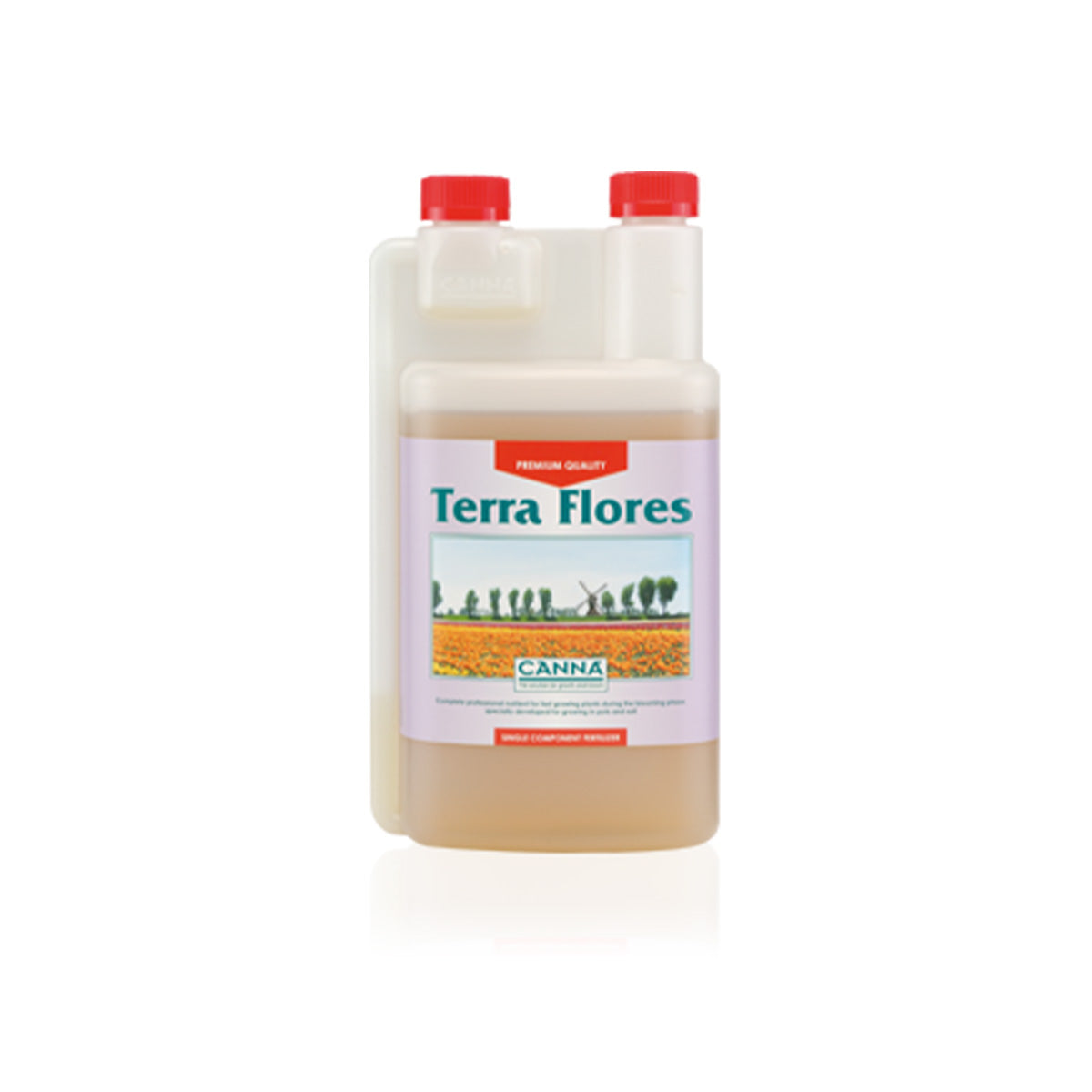 Canna Terra Flores Erde-Dünger von der Marke CANNA. Milchig-transparenter Kunststoffbehälter mit rotem Deckel vor einem weißen Hintergrund.