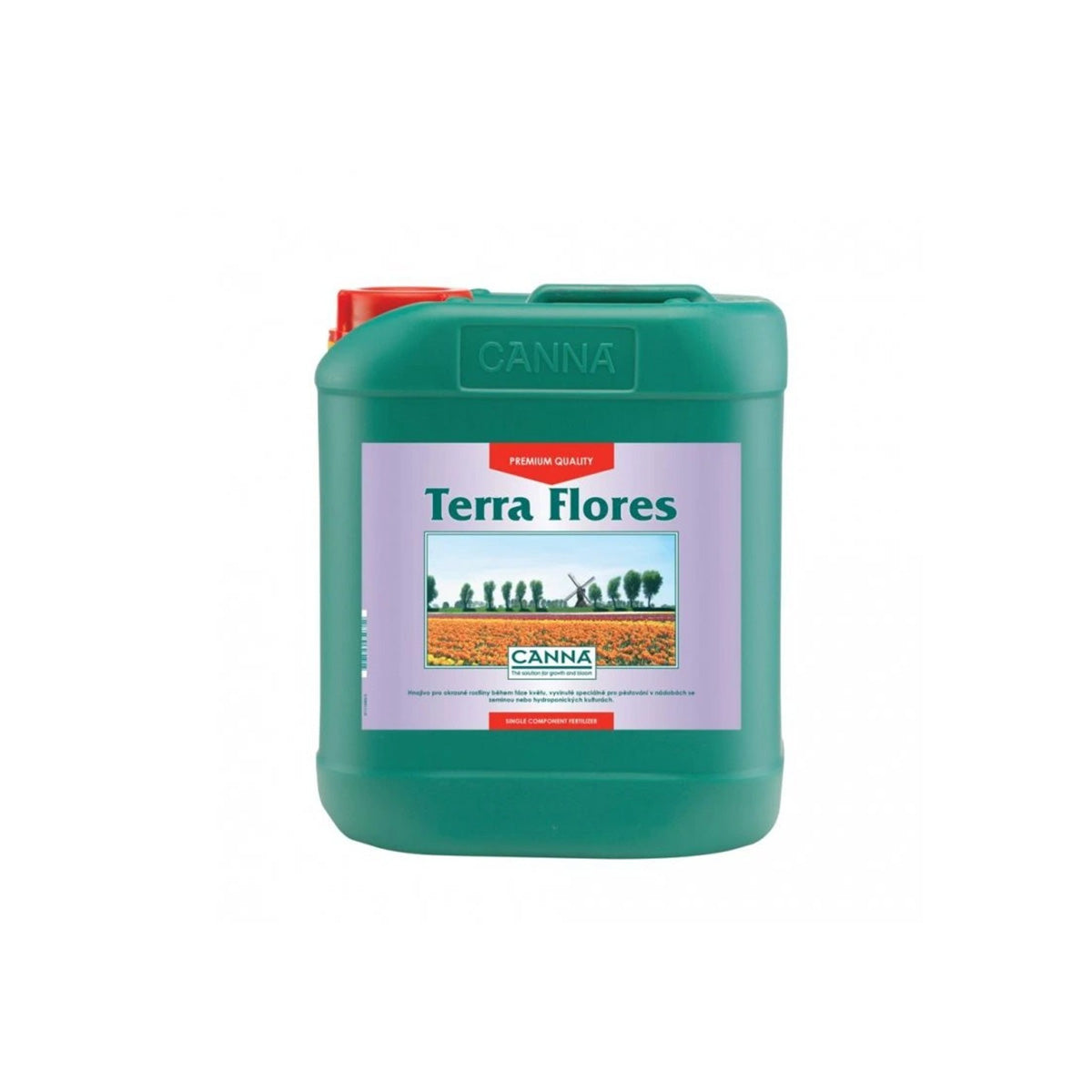 Canna Terra Flores Erde-Dünger von der Marke CANNA. Grüner Kunststoffbehälter mit rotem Deckel vor einem weißen Hintergrund.