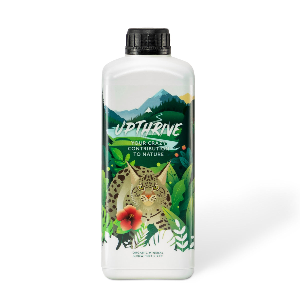 Crazy Hills Upthrive Bio-Dünger in einem Kunststoffbehälter vor einem weißen Hintergrund.