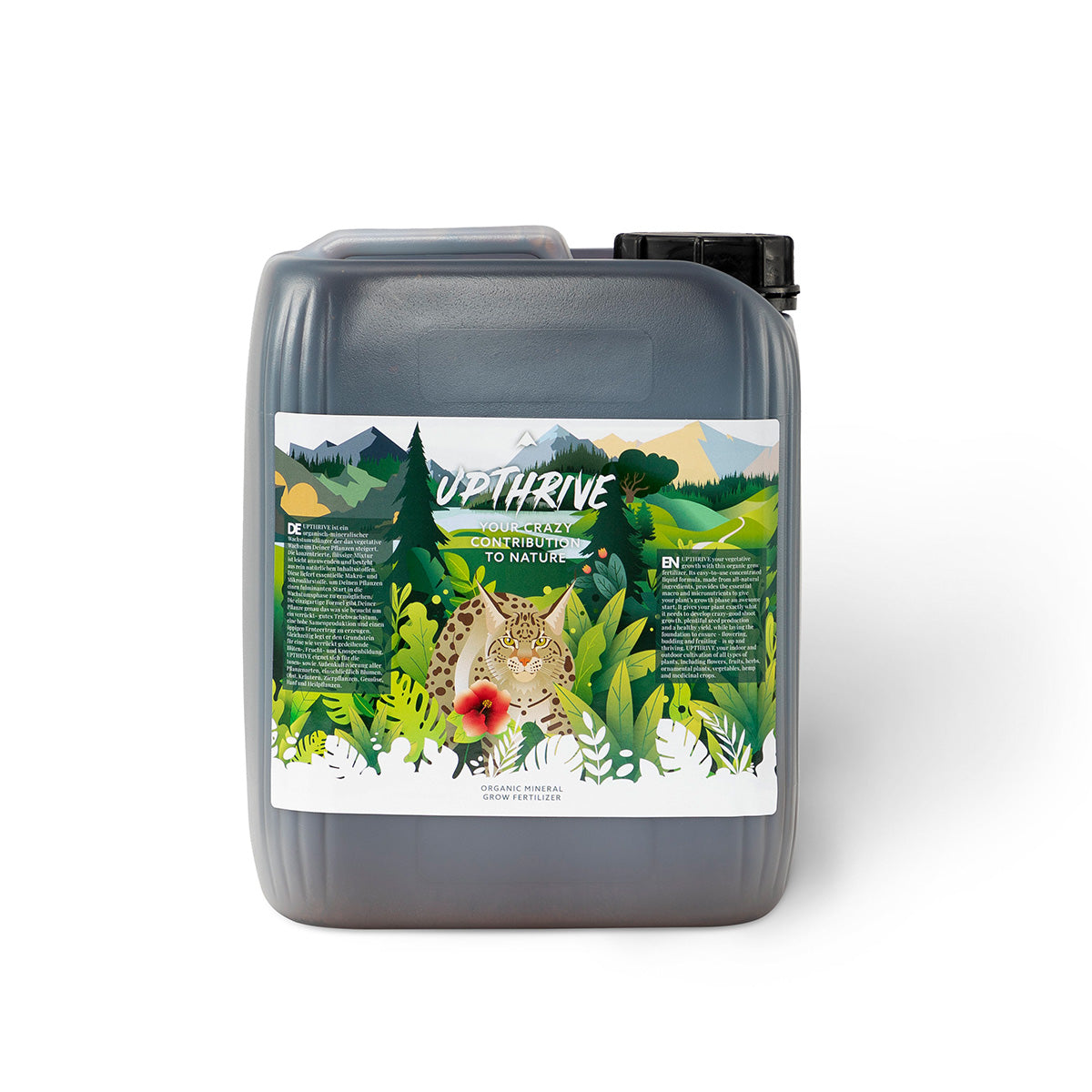 Crazy Hills Upthrive Bio-Dünger in einem Kunststoffbehälter vor einem weißen Hintergrund.