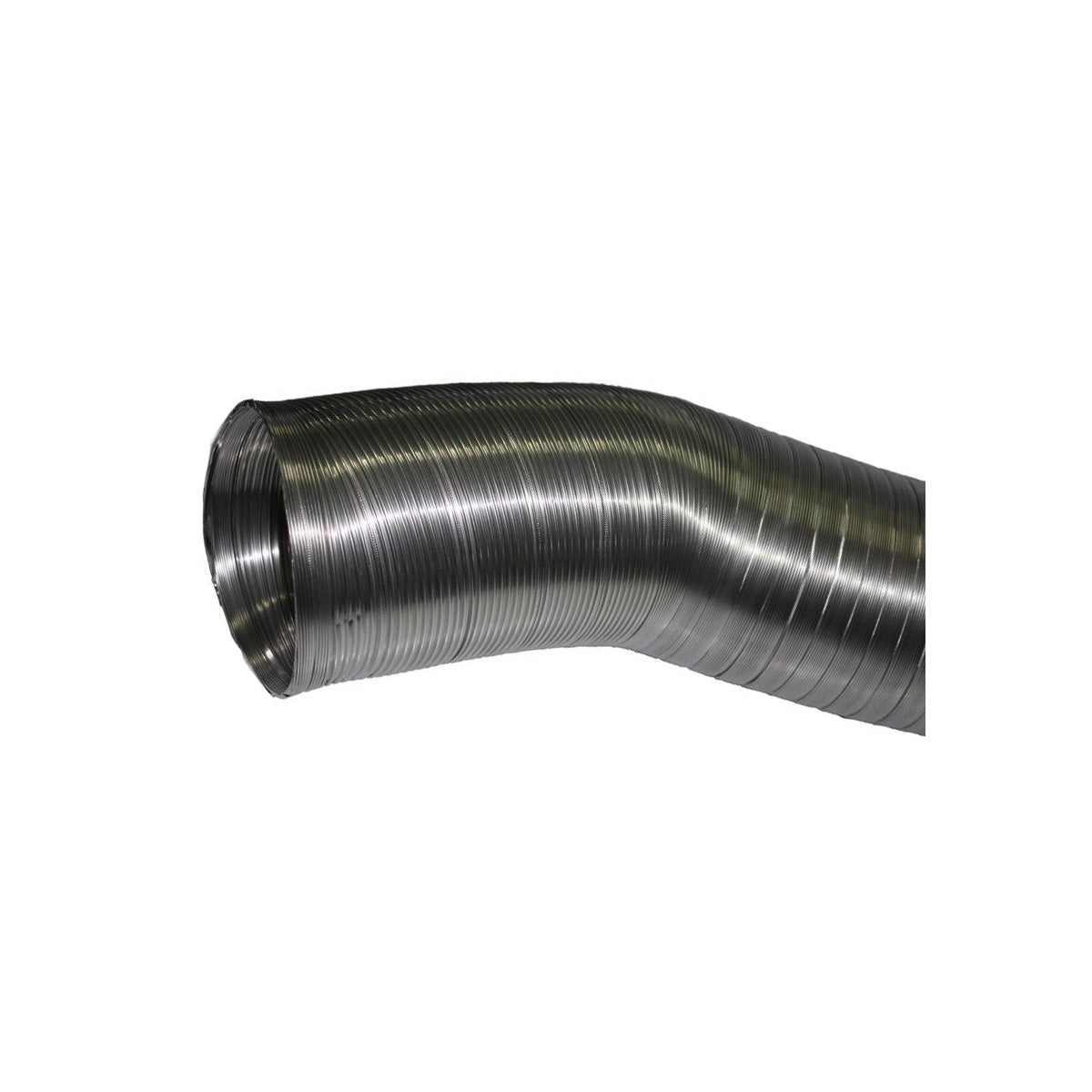 Luftschlauch aus Aluminium von dem Hersteller DEC. 150 Millimeter Durchmesser mal ein Meter Länge. Flexibler Luftschlauch in silber vor einem weißen Hintergrund.