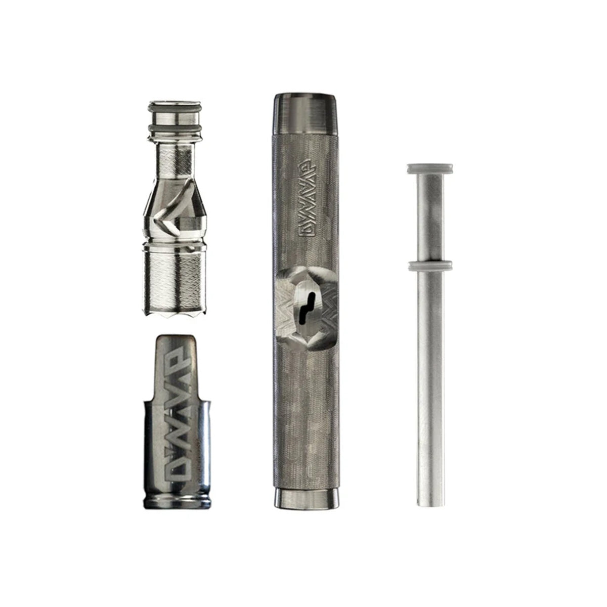 The M7 Vaporizer von DynaVap zerlegt in seine Einzelteile. Das Produkt ist aus Titan und in der Farbe silber-grau und wird auf einem weißen Hintergrund präsentiert.