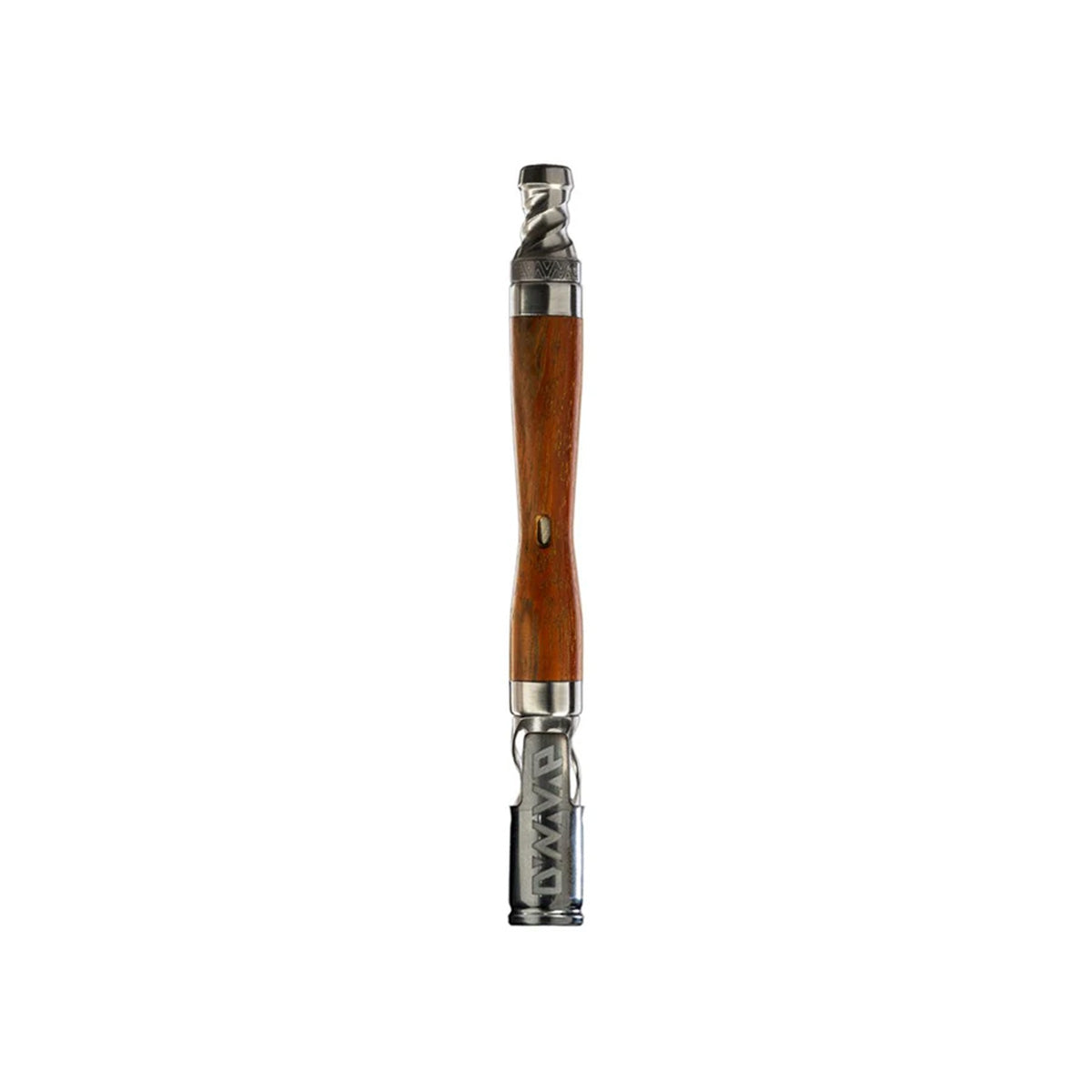 The WoodWynd Vaporizer von DynaVap. Der Verdampfer aus Titan in Holzoptik steht vertikal auf einem weißen Hintergrund.