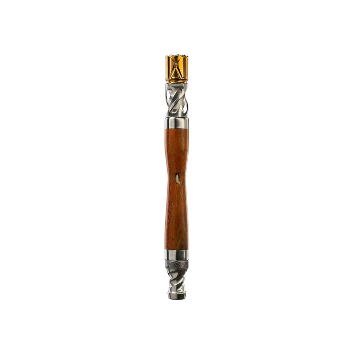 The WoodWynd Vaporizer von DynaVap. Der Verdampfer aus Titan in Holzoptik steht vertikal auf einem weißen Hintergrund.