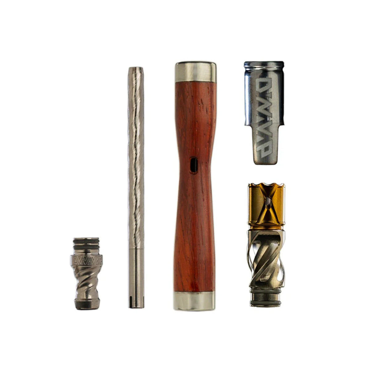 The WoodWyndVaporizer von DynaVap zerlegt in seine Einzelteile. Das Produkt ist aus Titan, in Holzoptik und wird auf einem weißen Hintergrund präsentiert.