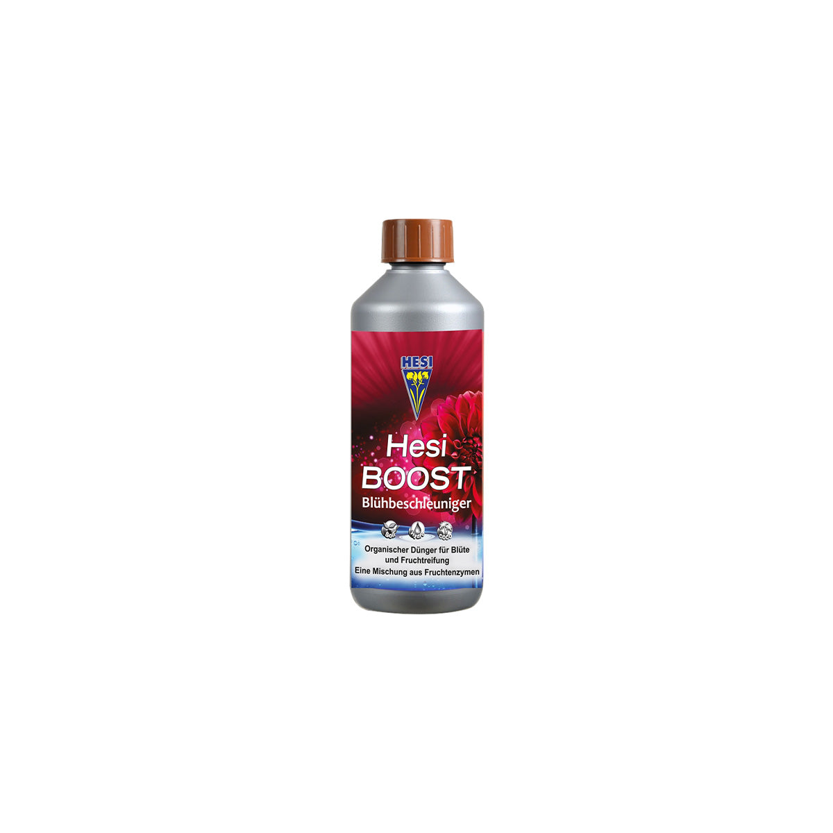 Pflanzenhilfsmittel Boost von der Marke Hesi in einer grauen 500ml Kunststoffflasche mit rotem Etikett und braunem Deckel vor einem einfarbigen, weißen Hintergrund.