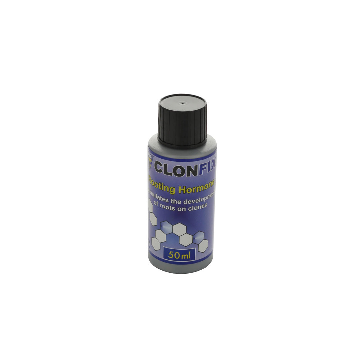 Pflanzenhilfsmittel ClonFix von der Marke Hesi in einem grauen 50ml Kunststofffläschchen mit blauem Etikett und schwarzem Deckel vor einem einfarbigen, weißen Hintergrund.