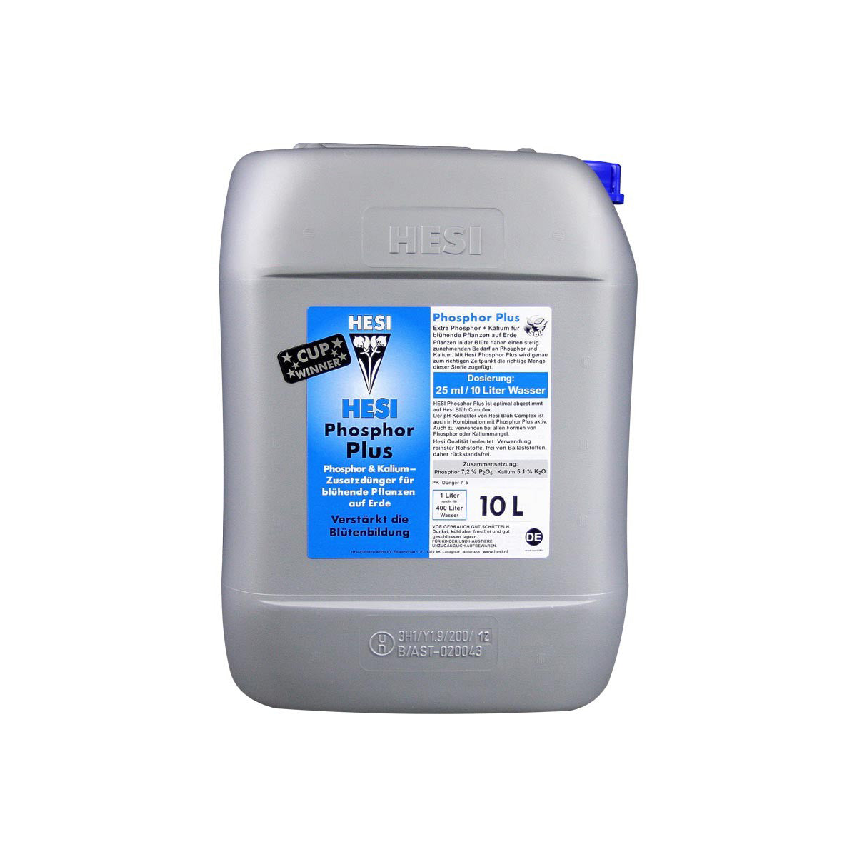 Erde-Dünger „Phosphor Plus“ von der Marke Hesi. Grau-silber farbiger Kunststoffbehälter mit blauem Deckel und blauem Etikett vor einem weißen Hintergrund.