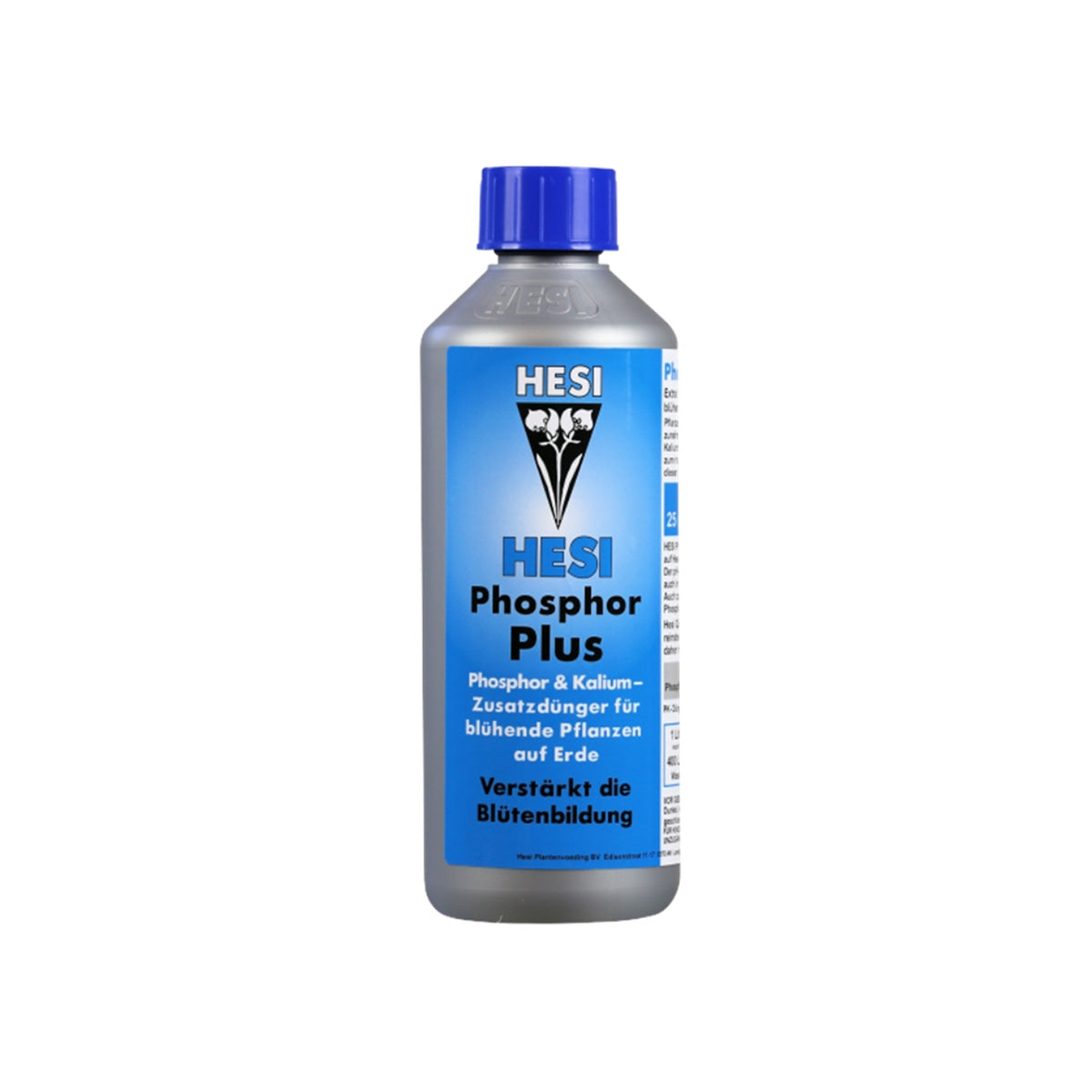 Erde-Dünger „Phosphor Plus“ von der Marke Hesi. Grau-silber farbige Kunststoffflasche mit blauem Deckel und blauem Etikett vor einem weißen Hintergrund.