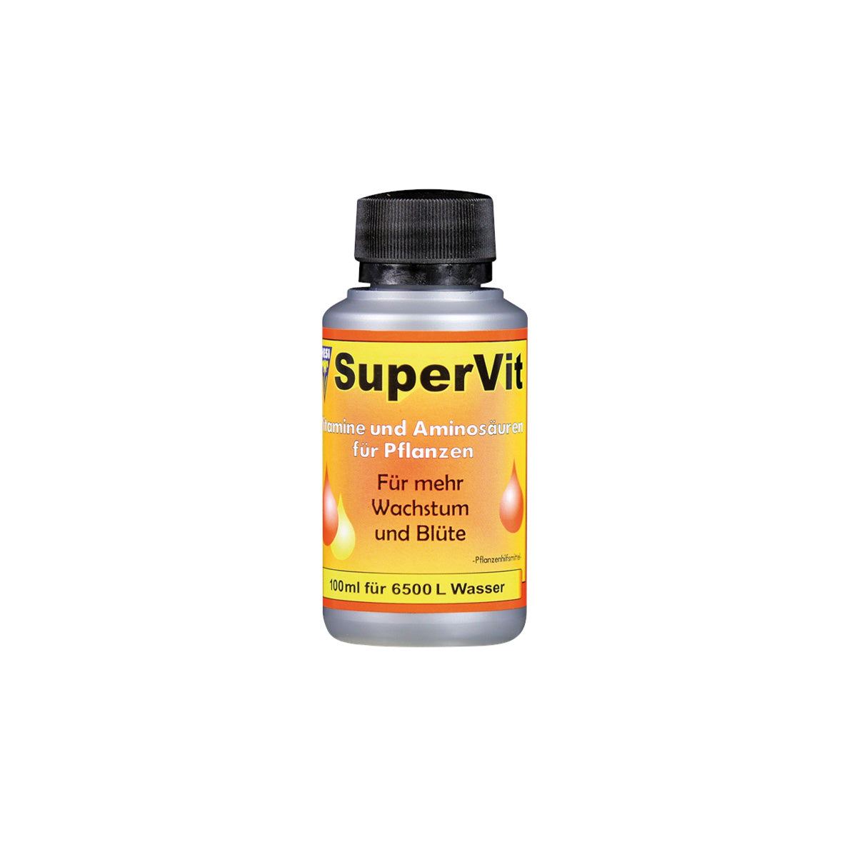 Pflanzenhilfsmittel Super Vit von der Marke Hesi in einer grauen 100ml Kunststoffflasche mit gelbem Etikett und weißem Deckel vor einem einfarbigen, weißen Hintergrund.