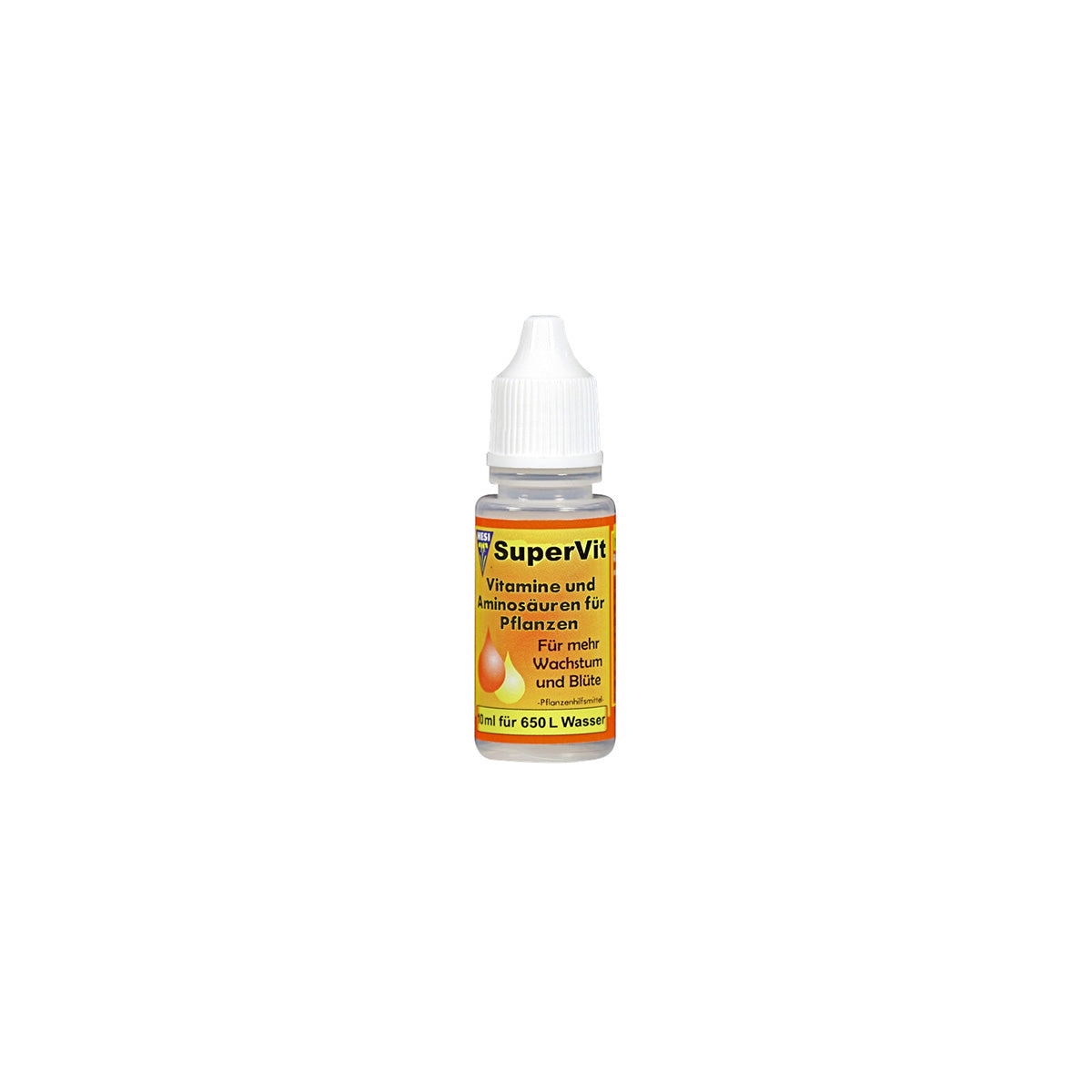 Pflanzenhilfsmittel Super Vit von der Marke Hesi in einem 10ml Kunststofffläschchen mit gelbem Etikett und weißem Deckel vor einem einfarbigen, weißen Hintergrund.