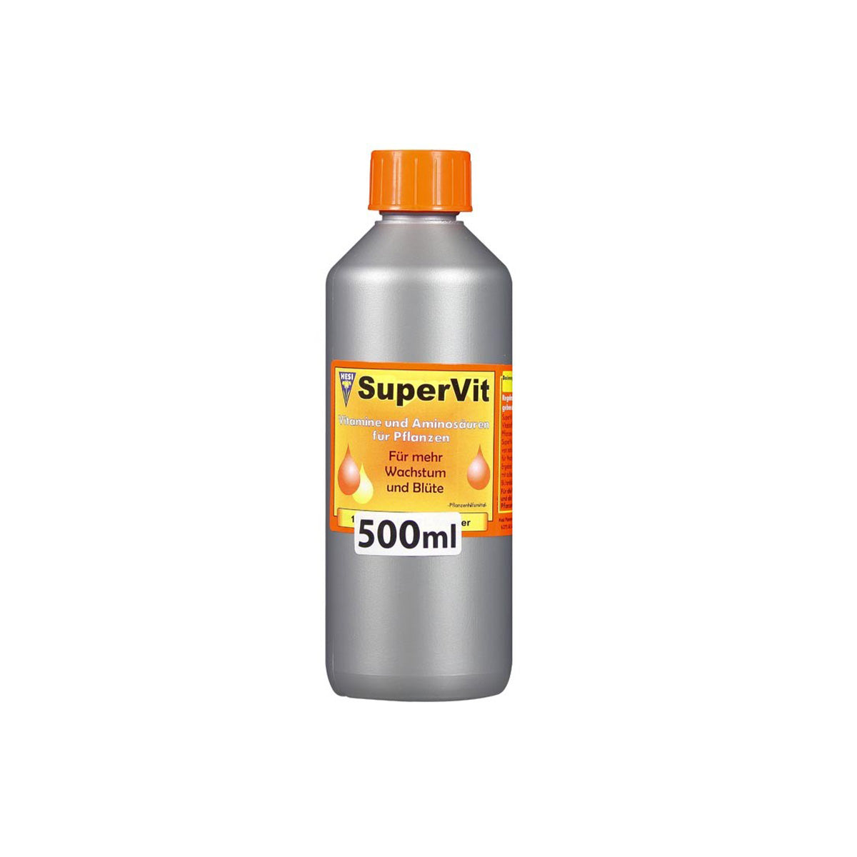 Pflanzenhilfsmittel Super Vit von der Marke Hesi in einer grauen 500ml Kunststoffflasche mit gelbem Etikett und weißem Deckel vor einem einfarbigen, weißen Hintergrund.