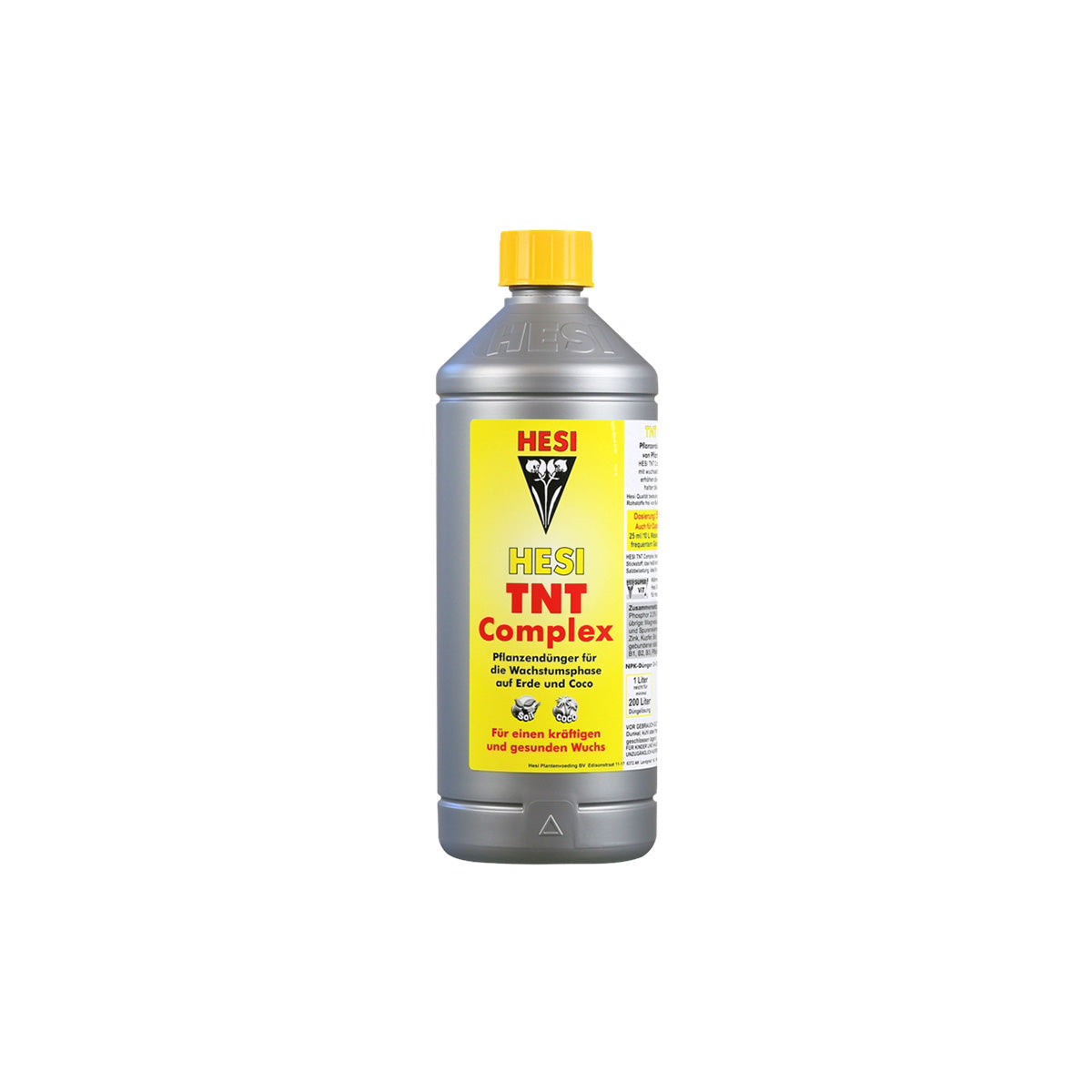 Erde-Dünger „TNT Complex“ von der Marke Hesi. Grau-silber farbige Kunststoffflasche mit gelbem Deckel und gelbem Etikett vor einem weißen Hintergrund.
