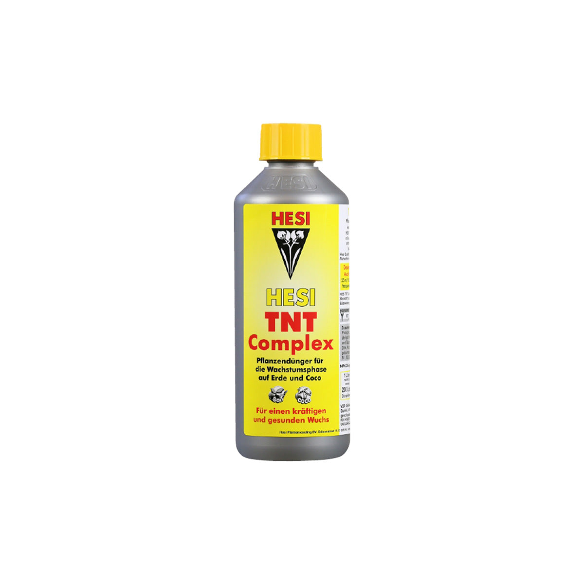 Erde-Dünger „TNT Complex“ von der Marke Hesi. Grau-silber farbige Kunststoffflasche mit gelbem Deckel und gelbem Etikett vor einem weißen Hintergrund.