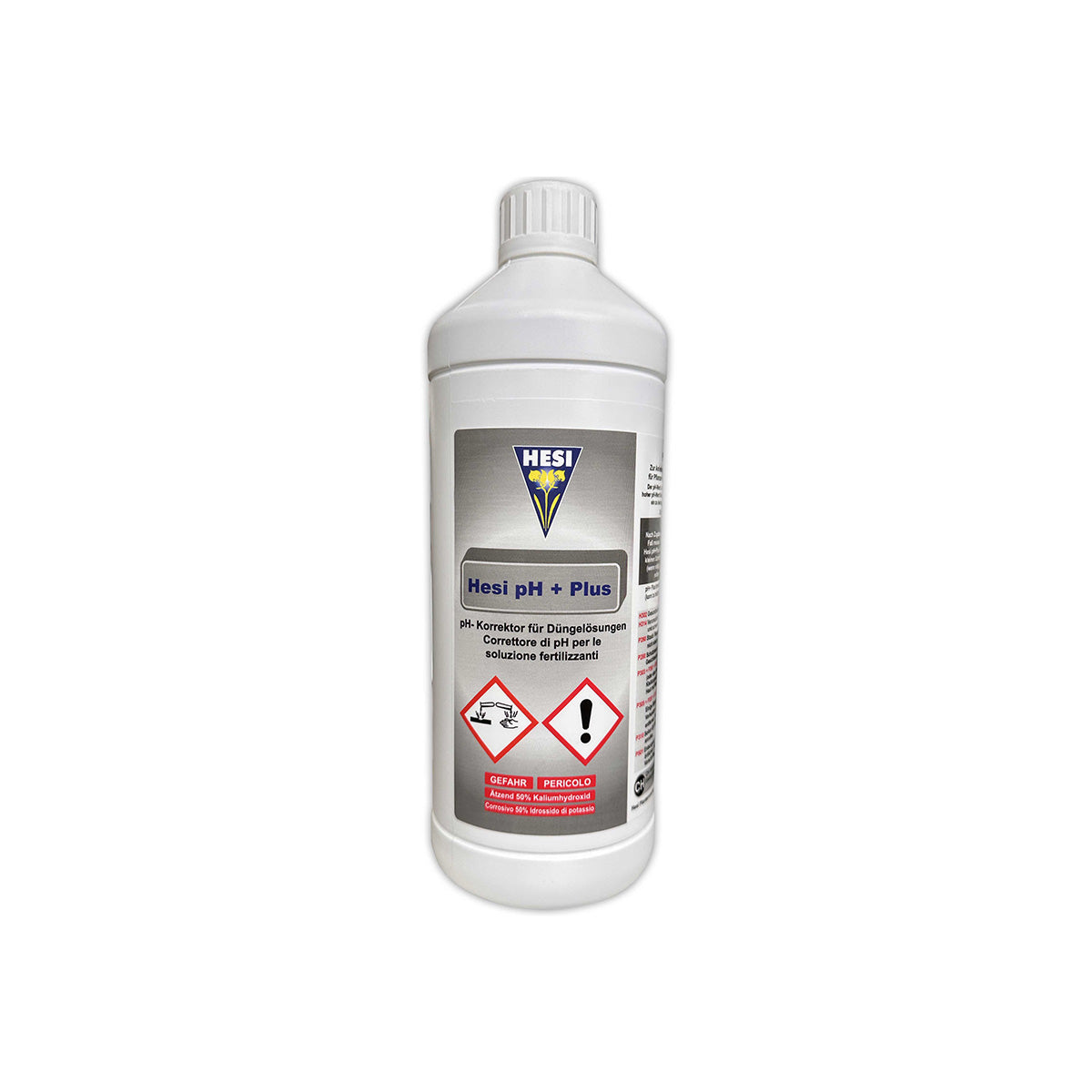PH-Regulator „Hesi pH+ 1L“ für Pflanzen-Anzucht von der Marke HESI. Weiße Kunststoffflasche mit Etikett und weißem Deckel vor einem weißen Hintergrund.