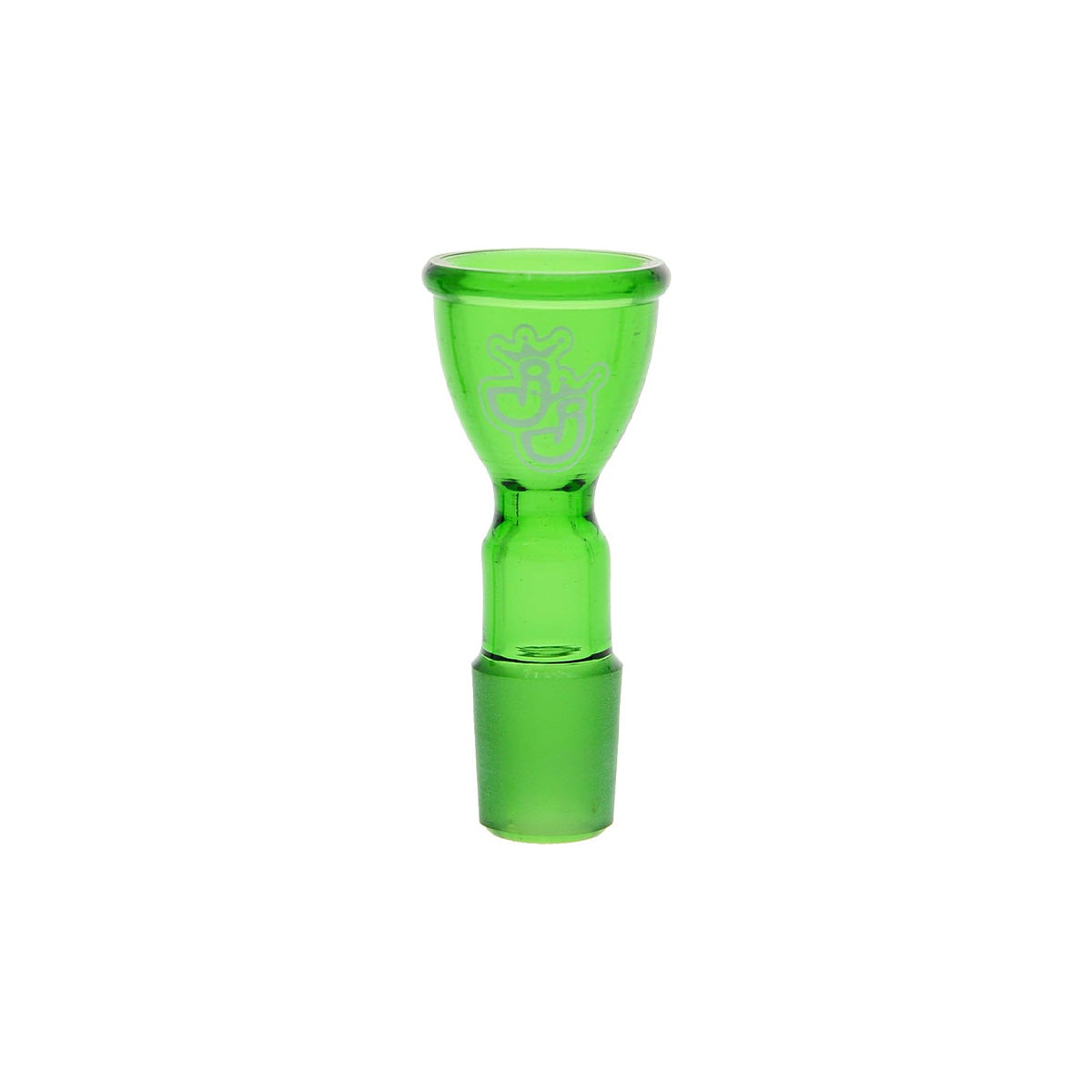 Bongkopf aus Borosilikatglas von der Marke Jelly Joker mit einem 18,8 Millimeter Schliff in der Farbe grün, vor einem weißen Hintergrund.