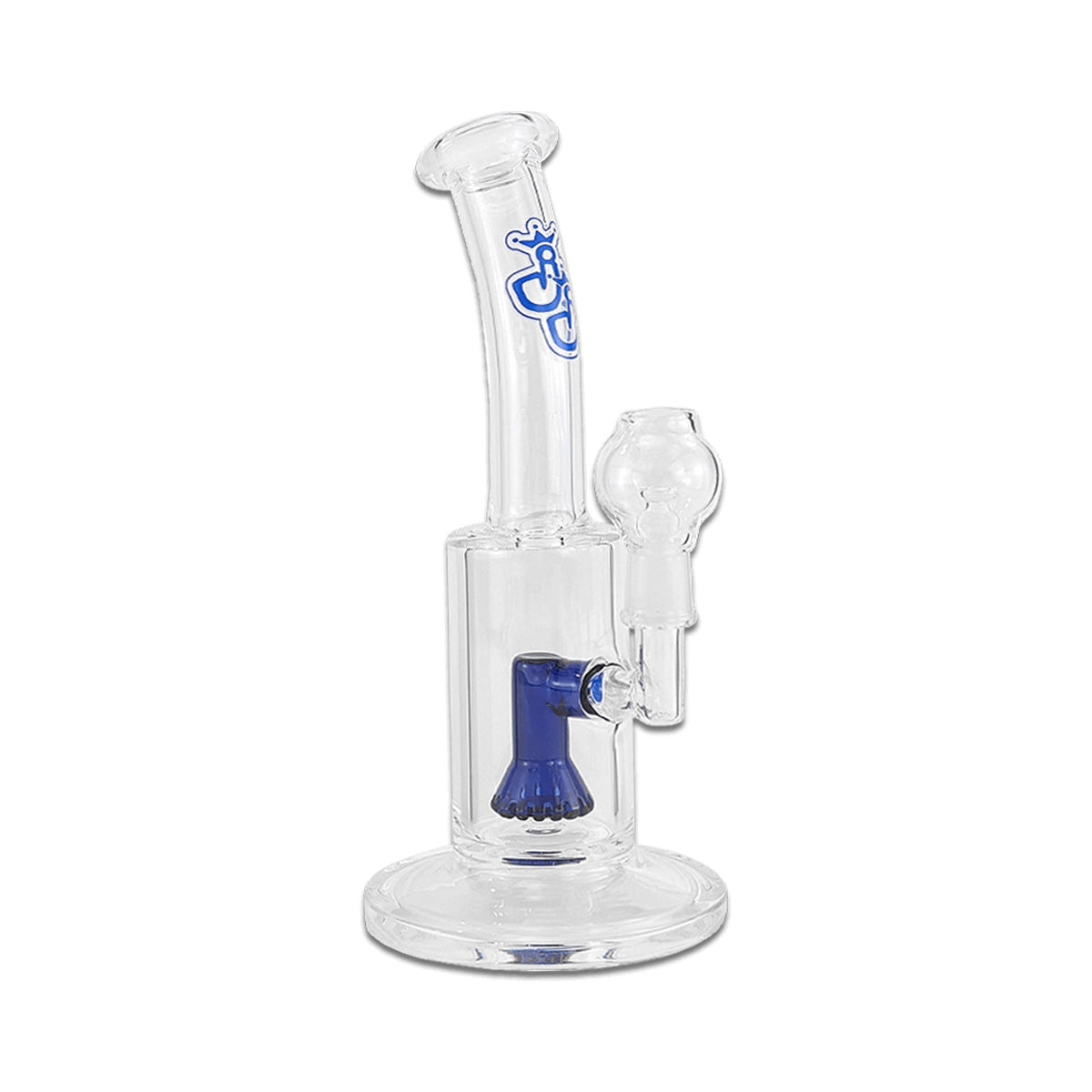 Ölbong von der Marke Jelly Joker. Das Modell GibDima ist aus Borosilikatglas, transparent mit blauen Farbakzenten und befindet sich vor einem weißen Hintergrund.