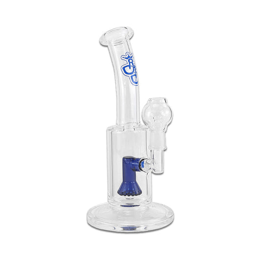 Ölbong von der Marke Jelly Joker. Das Modell GibDima ist aus Borosilikatglas, transparent mit blauen Farbakzenten und befindet sich vor einem weißen Hintergrund.