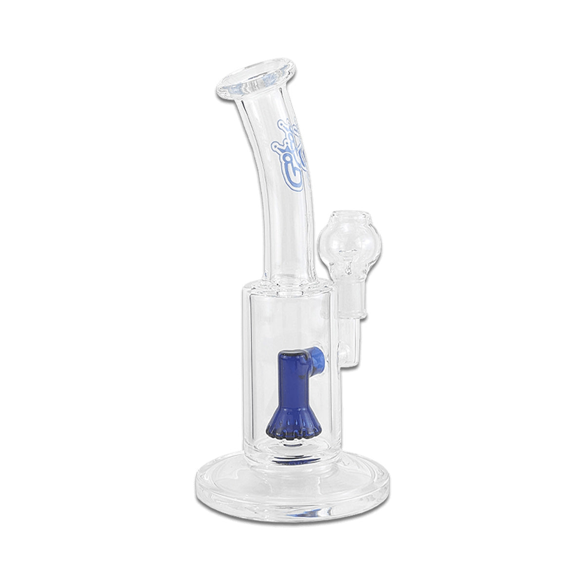 Ölbong von der Marke Jelly Joker. Das Modell GibDima ist aus Borosilikatglas, transparent mit blauen Farbakzenten und befindet sich vor einem weißen Hintergrund.