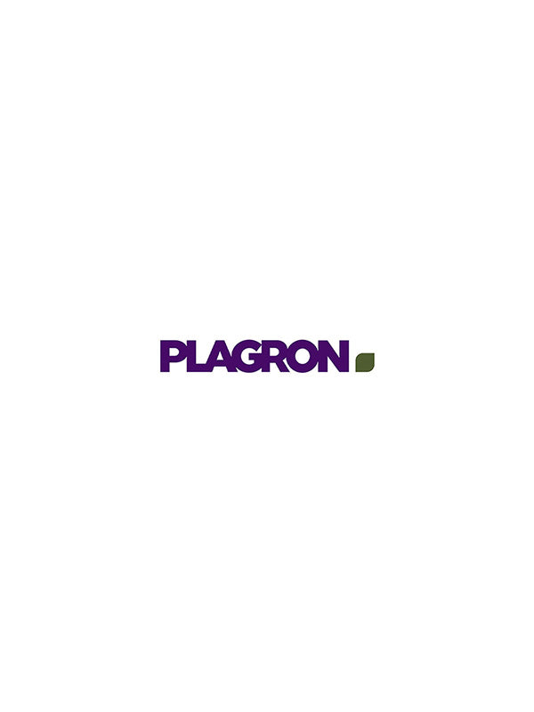 Das Logo von dem Unternehmen Plagron. Lila Schriftzug in Großbuchstaben mit einem grünen Element, dass ein Blat darstellen soll daneben.