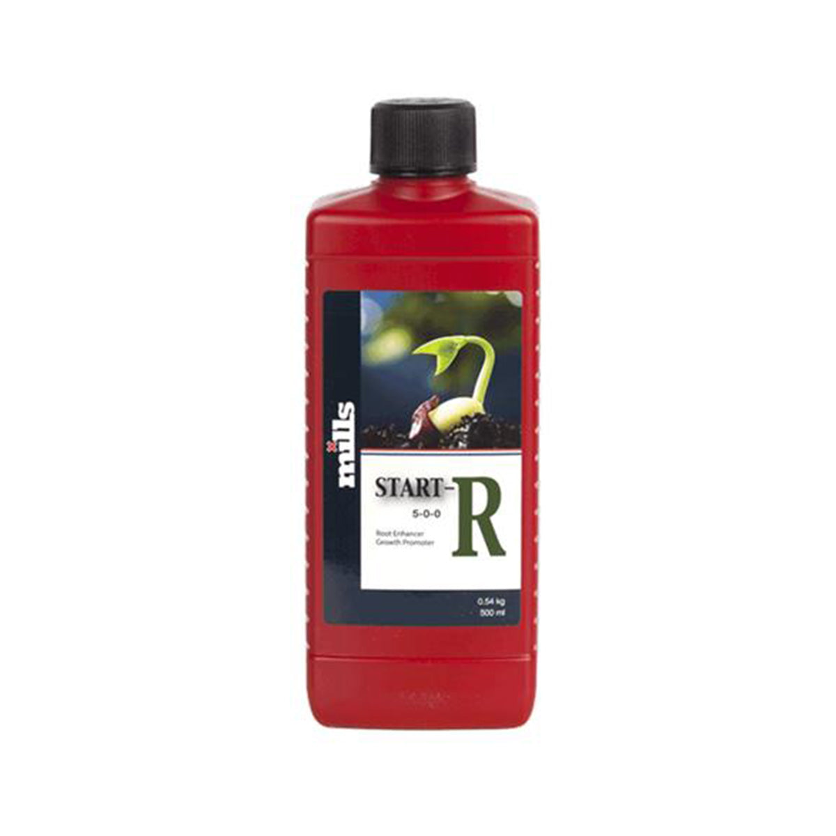 Mills Start-R Kombinationsdünger. Rote 500 Milliliter Flasche mit schwarzem Deckel auf einem weißen Hintergrund.