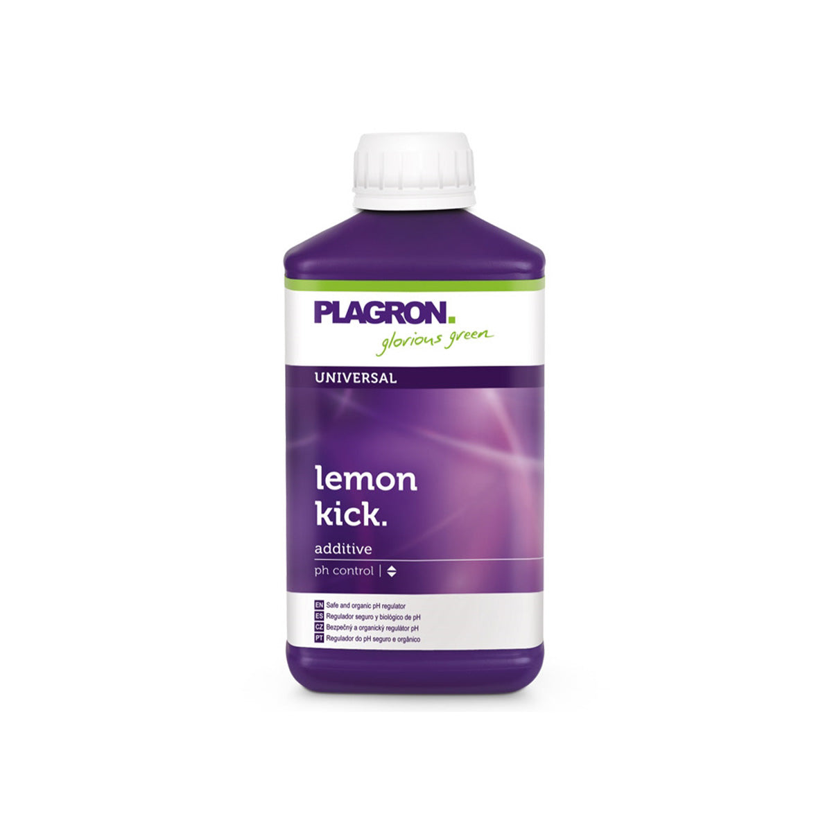 PH-Regulator „Lemon Kick“ für Pflanzen-Anzucht von der Marke PLAGRON. Längliche, rechteckige Kunststoffflasche mit abgerundeten Ecken, einem Etikett und weißem Deckel vor einem weißen Hintergrund.