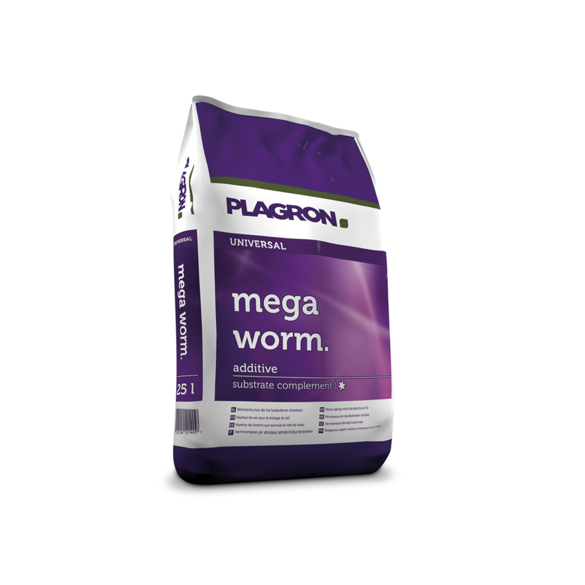 Mega Worm Erde-Dünger von der Marke PLAGRON in einem 25 Liter Kunsstoffsack in der Farbe lila vor einem weißem Hintergrund.