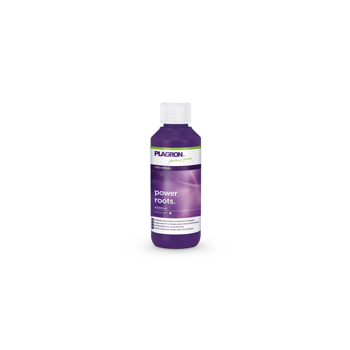 Pflanzenhilfsmittel Power Roots von der Marke Plagron in einem hundert Milliliter Kunststofffläschchen in der Farbe lila und mit einem Etikett versehen vor einem weißen Hintergrund.