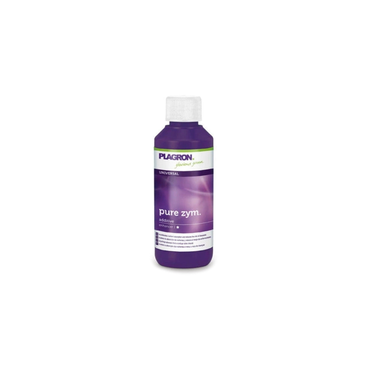Pflanzenhilfsmittel Pure Zym von der Marke Plagron in einem hundert Milliliter Kunststofffläschchen in der Farbe lila und mit einem Etikett versehen vor einem weißen Hintergrund.