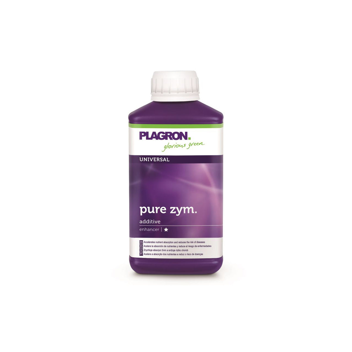 Pflanzenhilfsmittel Pure Zym von der Marke Plagron in einem zweihundertfünfzig Milliliter Kunststoffbehälter in der Farbe lila und mit einem Etikett versehen vor einem weißen Hintergrund.