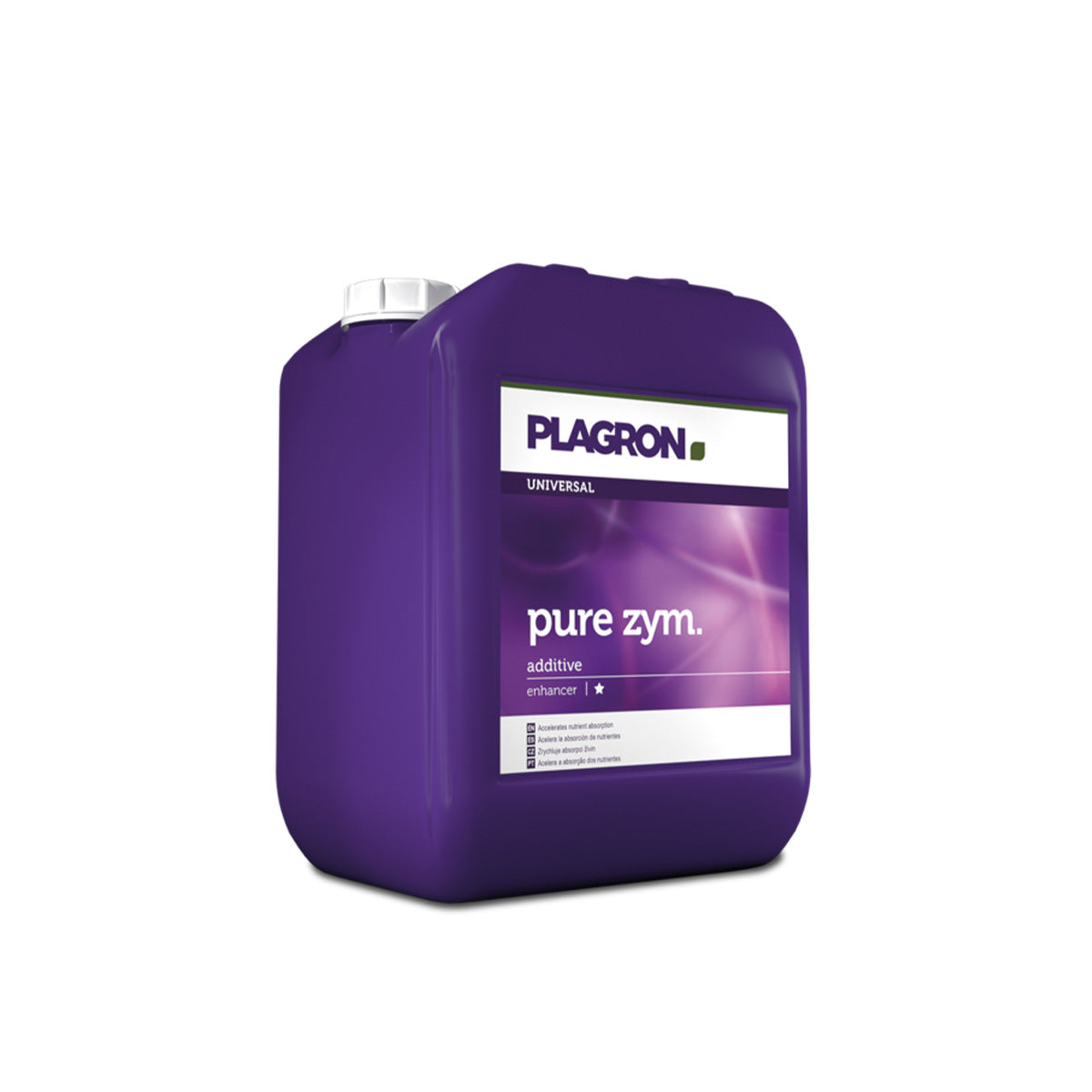 Pflanzenhilfsmittel Pure Zym von der Marke Plagron in einem fünf Liter Kunststoffbehälter in der Farbe lila und mit einem Etikett versehen vor einem weißen Hintergrund.