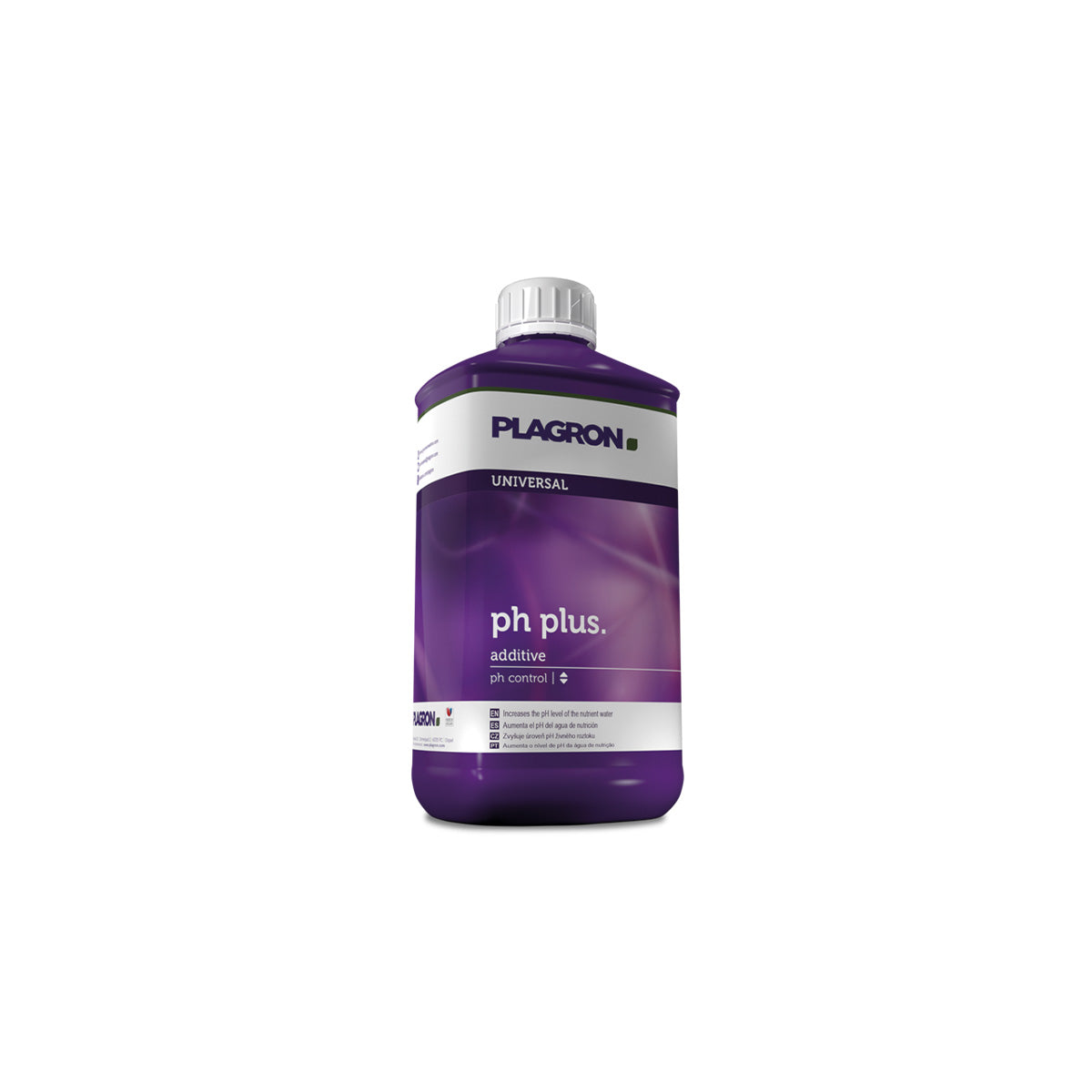 PH-Regulator „Plagron pH Plus“ für Pflanzen-Anzucht von der Marke PLAGRON. Längliche, rechteckige Kunststoffflasche mit abgerundeten Ecken, einem Etikett und weißem Deckel vor einem weißen Hintergrund.