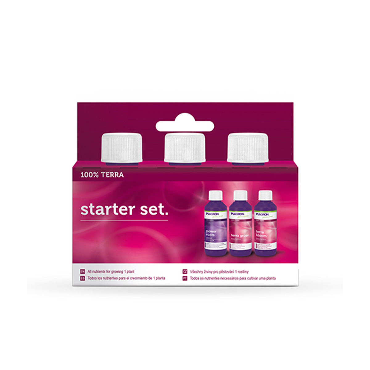 Das 100 Prozent TERRA Starter Set von der Marke PLAGRON. Die Verpackung ist pink und darauf abgebildet sind die drei Flaschen, die das Set beinhaltet. Das Starter Set befindet sich auf einem weißen Hintergrund.