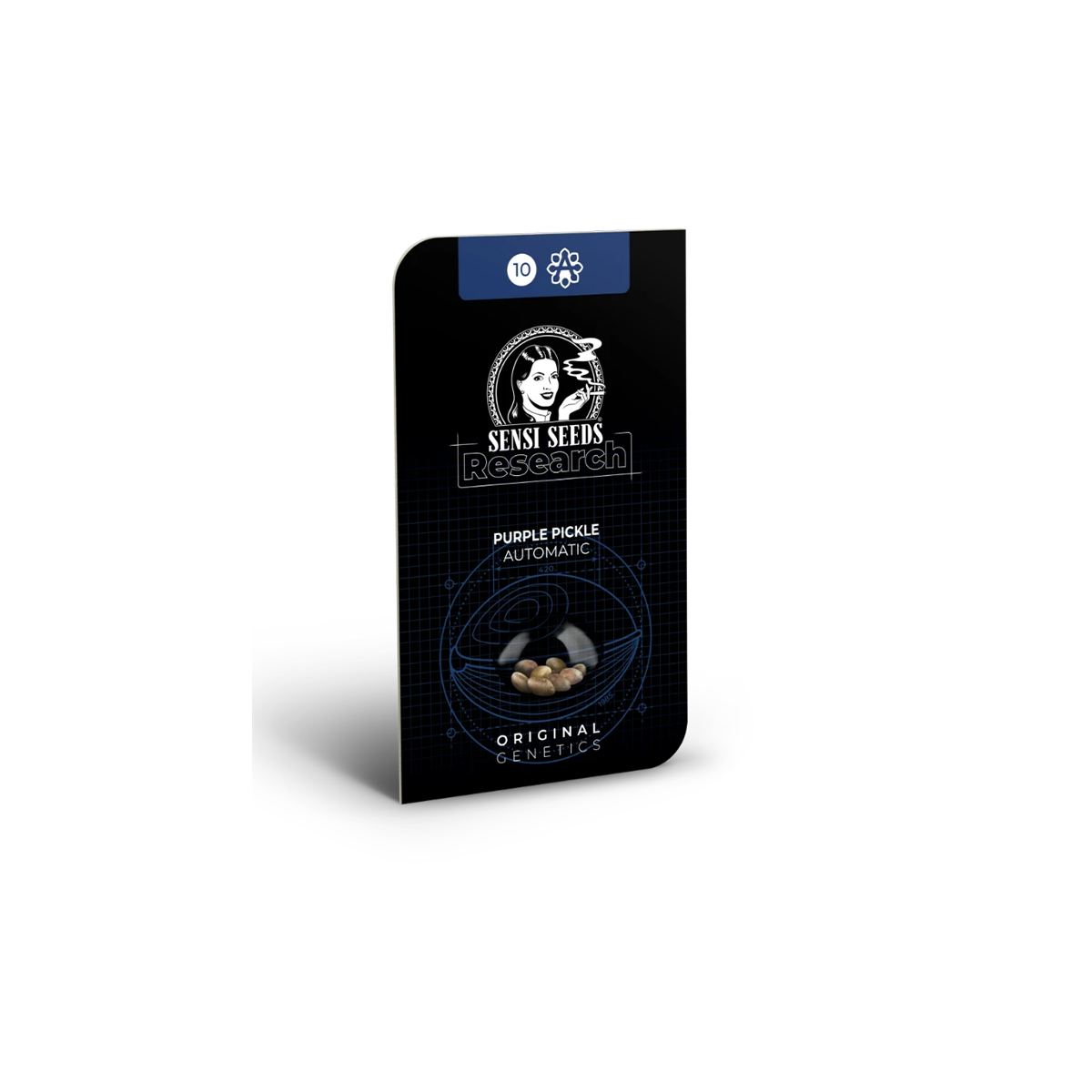 Verpackung der Autoflowering Seedsvon der Marke Sensi Seeds Research. Schwarze Verpackung mit Sensi Seeds Logo und Samen.