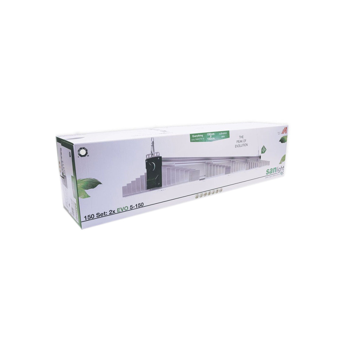 LED Beleuchtung mehrteiliges Set SANlight EVO, 150 mal 150 Zentimeter LED Lampe für Growing mit 680 Watt. Verpackung vom Set: ein rechteckiger Karton mit Informationen zum Inhalt auf einem weißen Hintergrund.