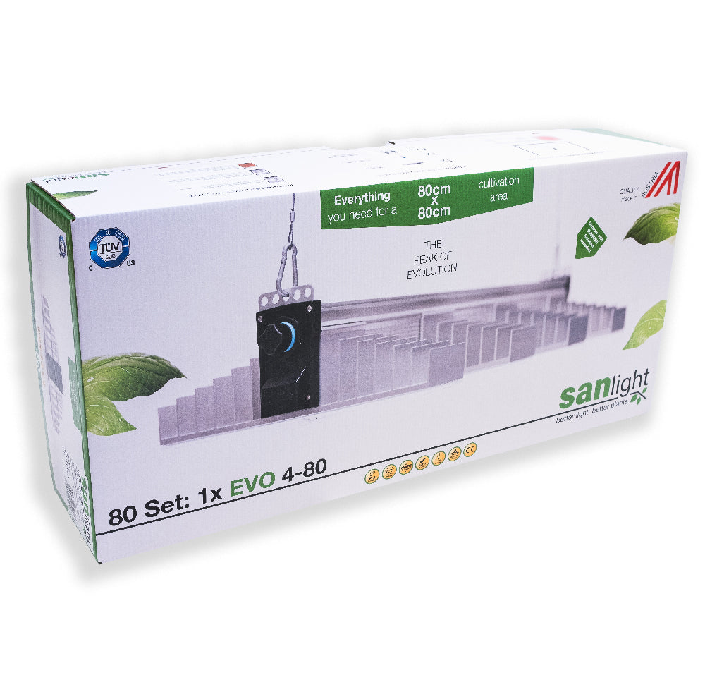 Verpackung der LED Growlampe im Set. LED Growlampe im Set. Im Set dabei sind die LED Growlampe mit vier länglichen, schmalen Lampen mit integrierten LEDs, ein schwarzes Netzteil, zwei Stück Aufhängungen und ein Dimmer für die Beleuchtung.