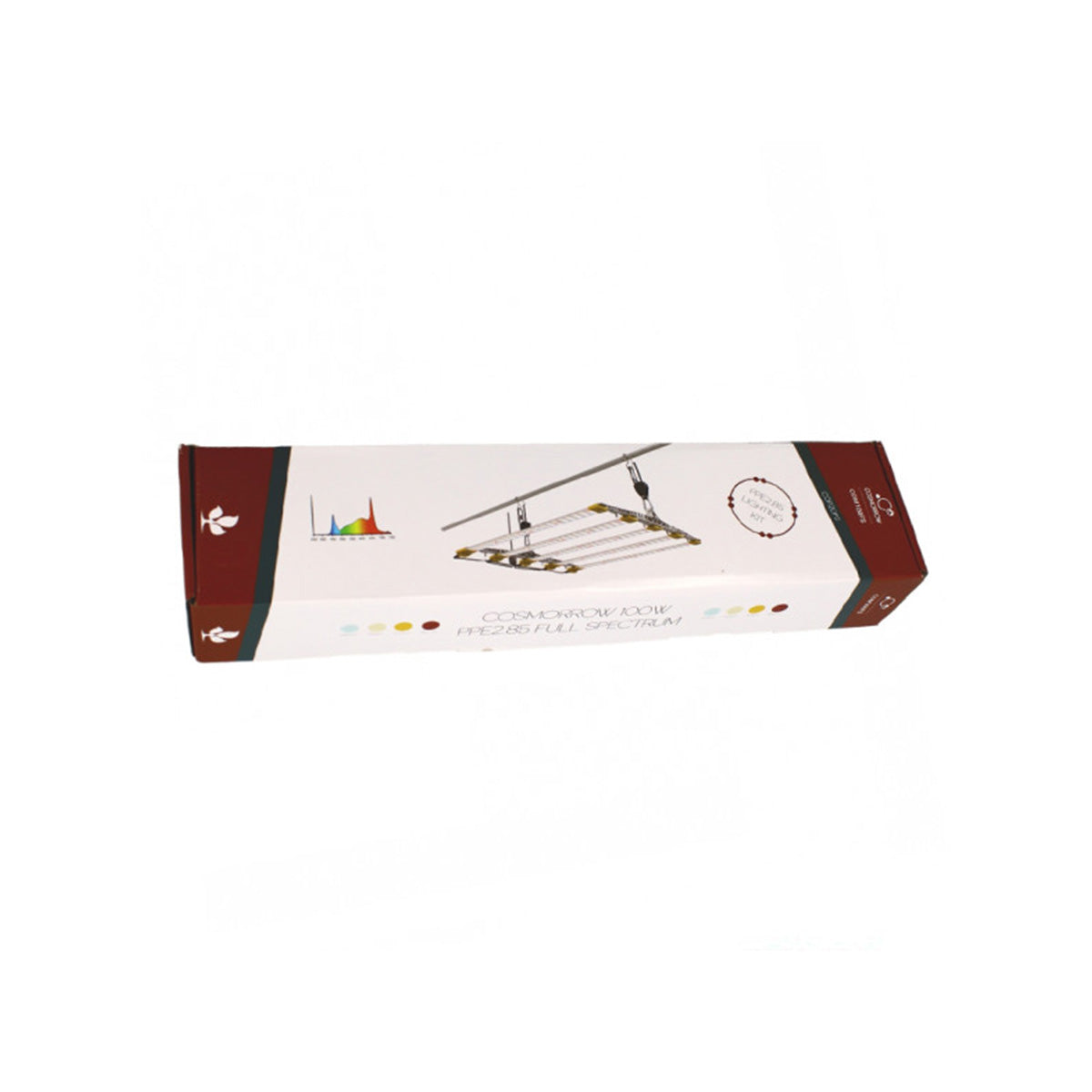 Secret Jardin Cosmorrow 100W Full Spectrum Kit LED Lampe für Growing. Kartonverpackung mit Informationen zum Produkt auf einem weißen Hintergrund.