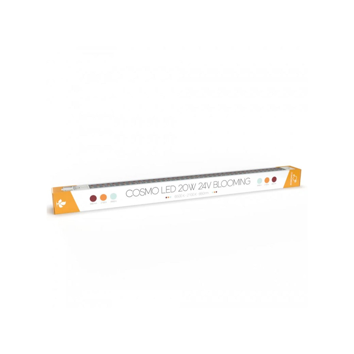 Kartonverpackung der LED Beleuchtung für Hanfpflanzen Growing. Die LED Lampe Secret Jardin Cosmorrow LED 20 W 50 cm Full Spectrum hat eine schmale, längliche Form und integrierte LEDs. Das Produkt befindet sich auf einem weißen Hintergrund.