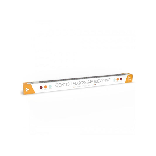 Kartonverpackung der LED Beleuchtung für Hanfpflanzen Growing. Die LED Lampe Secret Jardin Cosmorrow LED 20 W 50 cm Full Spectrum hat eine schmale, längliche Form und integrierte LEDs. Das Produkt befindet sich auf einem weißen Hintergrund.
